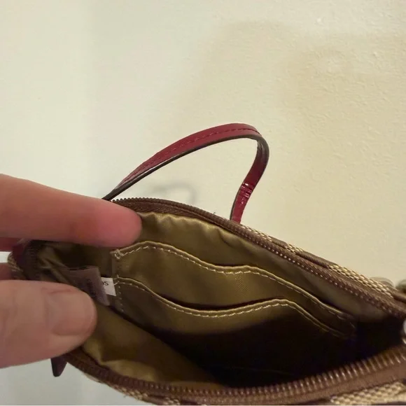 Coach Signature C Wristlet Brown Canvas Red Patent Leather Small Zip Pouch - Picture 5 of 8